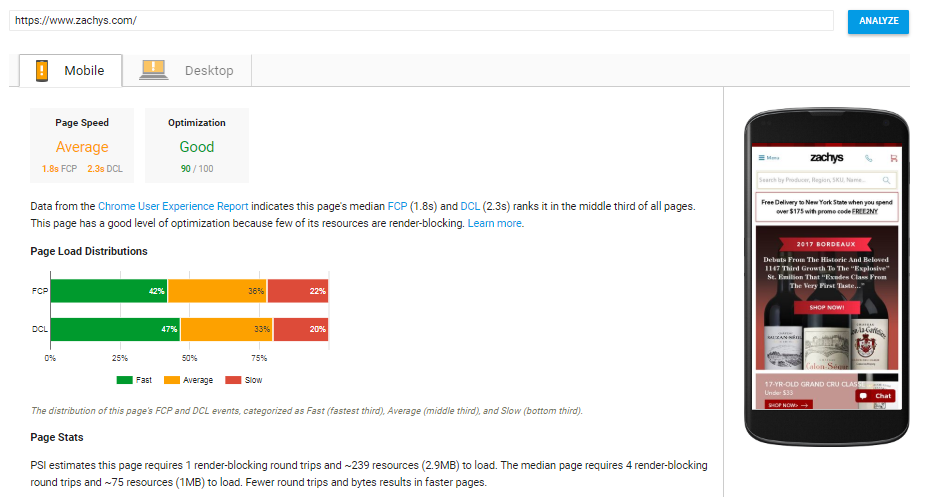 Google will give your site's speed a clear rating and insight on how to improve.